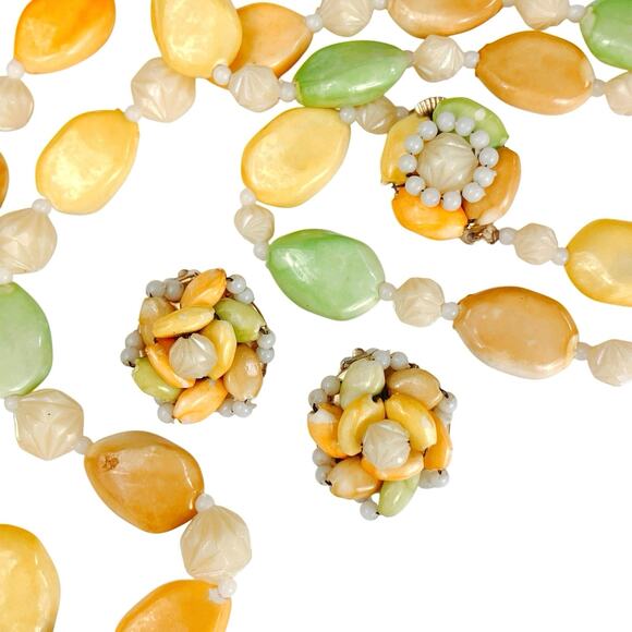 VTG Mid Century Necklace & Clip Earrings Set Beaded Pastel Stamped Hong Kong - Picture 1 of 12